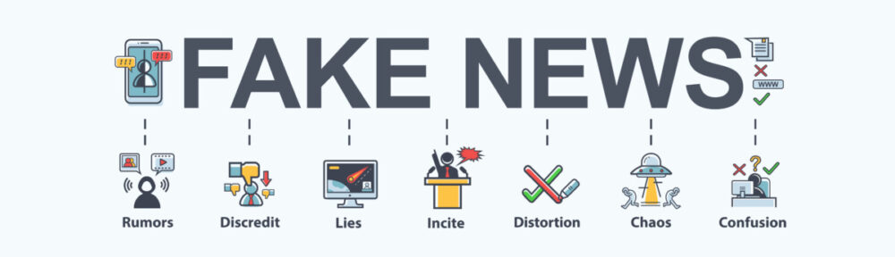 Fake news banner meaning icon in social media, fake, discredit, lie, confusion, incite and distortion. Flat vector infographic