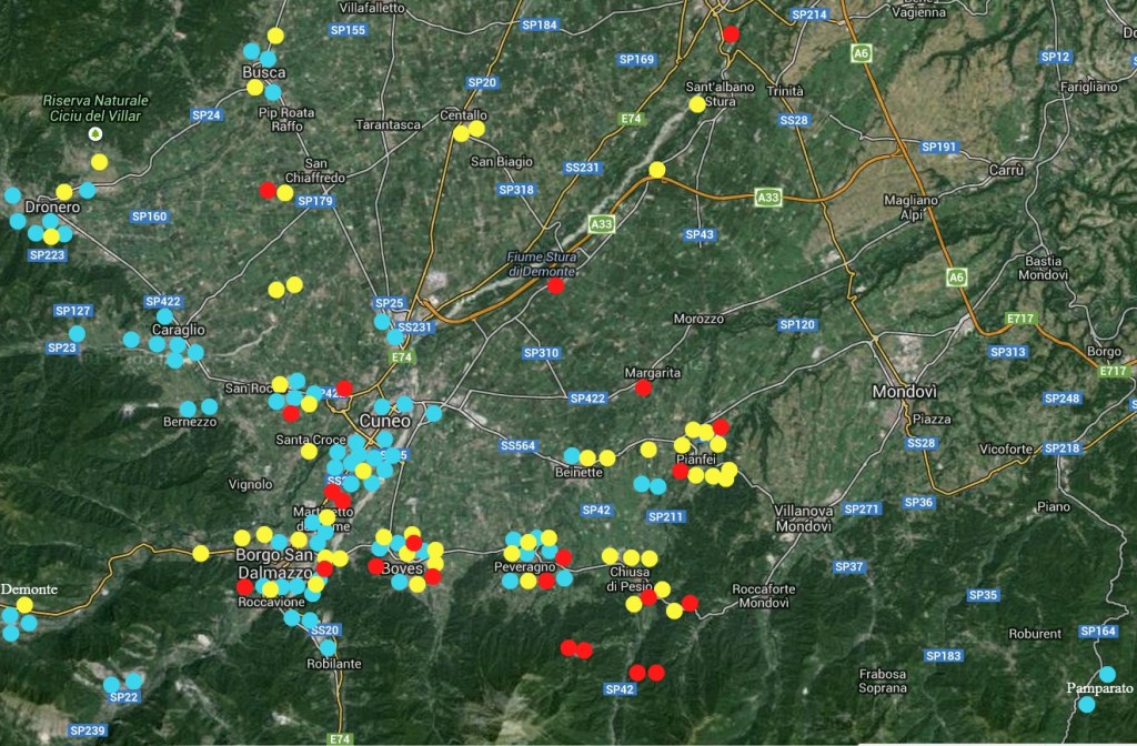 Cartina di diffusione del Radon nella provincia di Cuneo in alta definizione (dati relativi al pian terreno e primo piano)