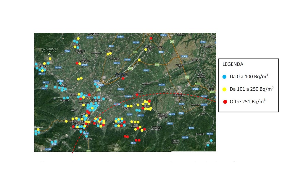 Cartina di diffusione del Radon nella provincia di Cuneo con legenda (dati relativi al pian terreno e primo piano)
